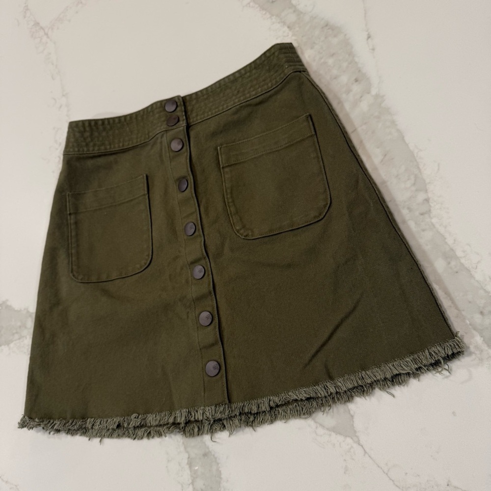 Madewell Raw-Hem A-Line Mini Skirt Womens 0 Stretch Kale Green Button Snap Front - Picture 5 of 9